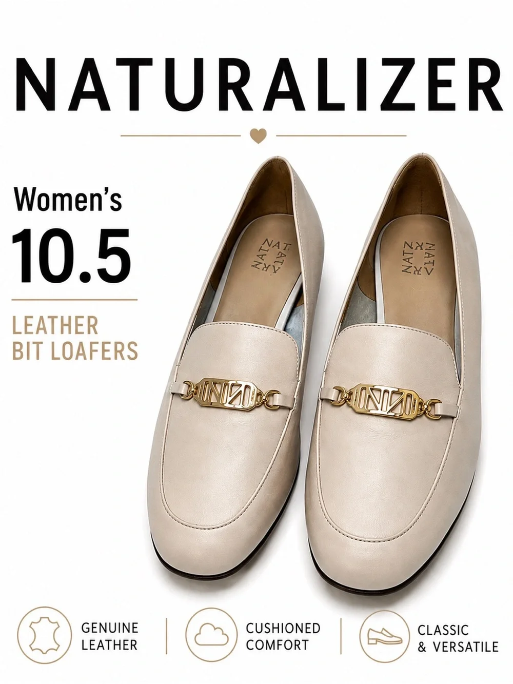 Naturalizer Women's Cream Leather Loafers with Gold Hardware Size 10.5
